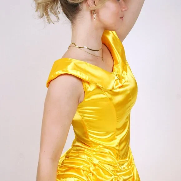 Vintage Princess Bubble Gown (S) small yellow gathered skirt 90s maxi dress - Picture 6 of 7